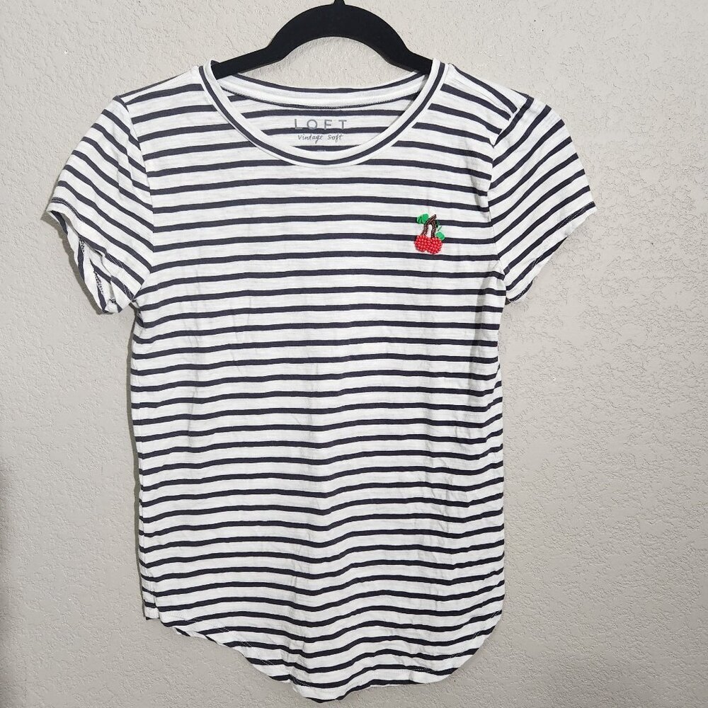 Loft Vintage Shirt Soft Striped Tee Beaded Cherry Applique XS Black White Sailor